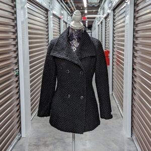 Calvin Klein Size XS Women's Black Texted Fit & Flare Wool Blend Pea Coat